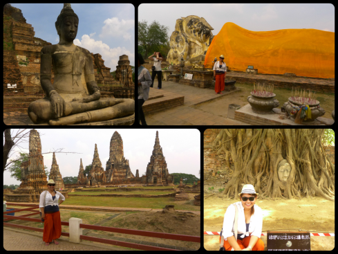 Clockwise from top right: The reclining buddha at Wat Lokayasutharam; The most popular scene in Wat Mahathat of the buddha head enwrapped by tree roots. As a sign of respect, when taking pictures, you mus not stand over the Buddha head; The wide expanse of Wat Chaiwatthanaram; One of the very few intact buddha figures in Wat Maha That